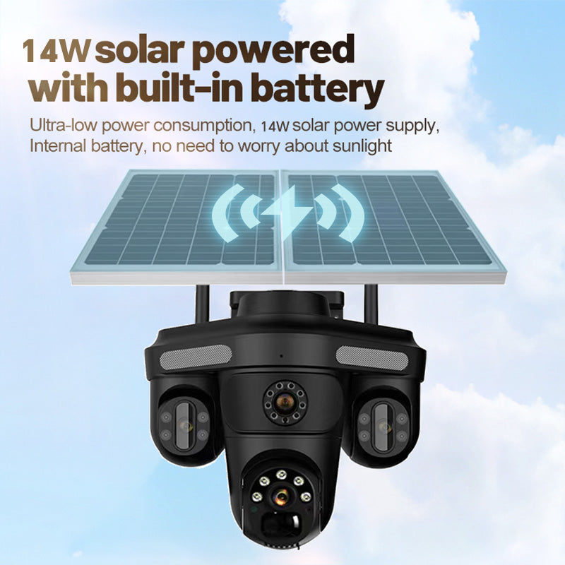 4-Lens 4G Solar Security Camera – 5K Ultra HD, Dual Solar Panels, No-WiFi Outdoor CCTV