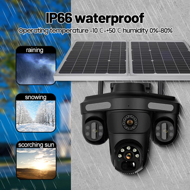 Triple Lens 4G 5K Ultra HD Solar CCTV Camera – 360° Rotation, Dual 14W Panels, 13000mAh Battery