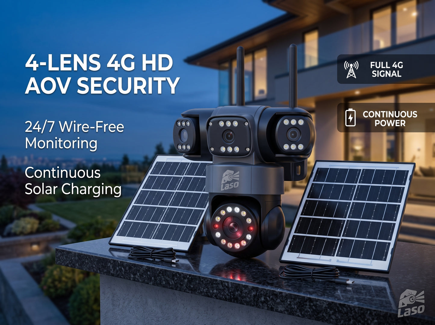 4-Lens 4G HD AOV Solar Security CCTV Camera