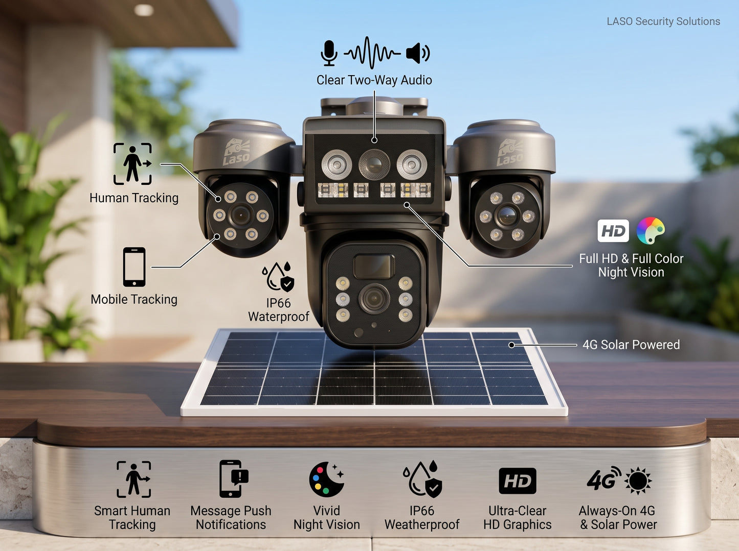 Triple Lens 4G Solar Security Camera (Black Edition)
