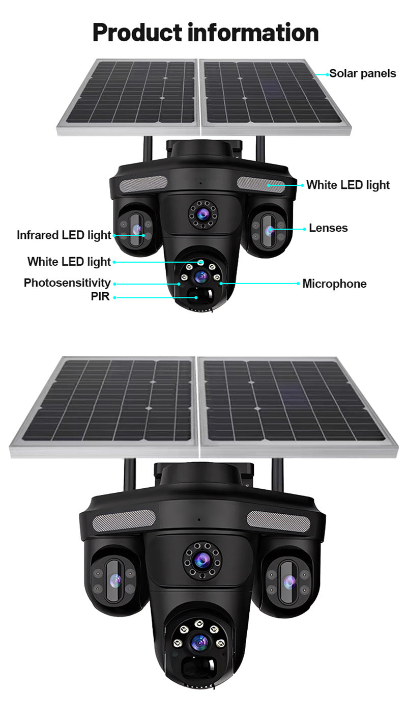 Triple Lens 4G 5K Ultra HD Solar CCTV Camera – 360° Rotation, Dual 14W Panels, 13000mAh Battery