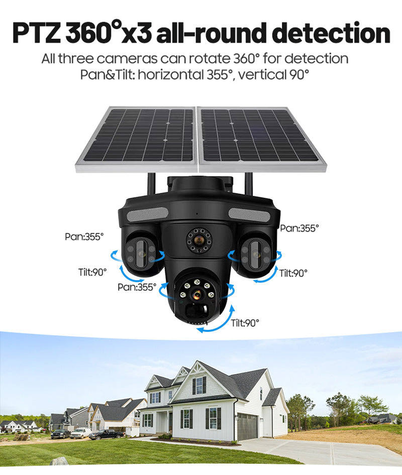 4-Lens 4G Solar Security Camera – 5K Ultra HD, Dual Solar Panels, No-WiFi Outdoor CCTV