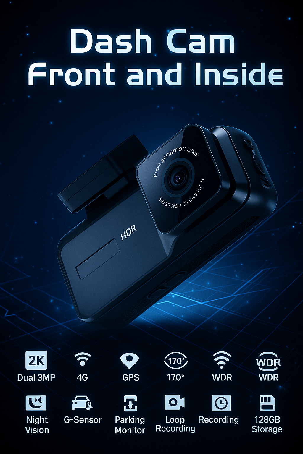 🚗 Dual Lens 4G 2K Car Dashboard Camera – 170° Wide Angle, Night Vision, GPS, Parking Assist, Cloud Storage