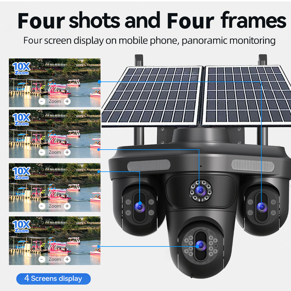 4-Lens 4G Solar Security Camera – 5K Ultra HD, Dual Solar Panels, No-WiFi Outdoor CCTV