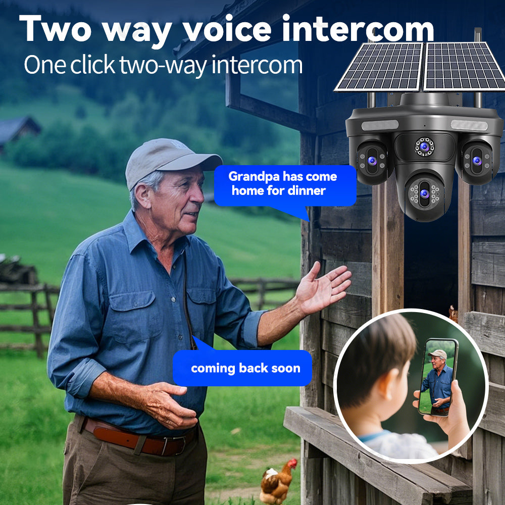 4-Lens 4G Solar Security Camera – 5K Ultra HD, Dual Solar Panels, No-WiFi Outdoor CCTV