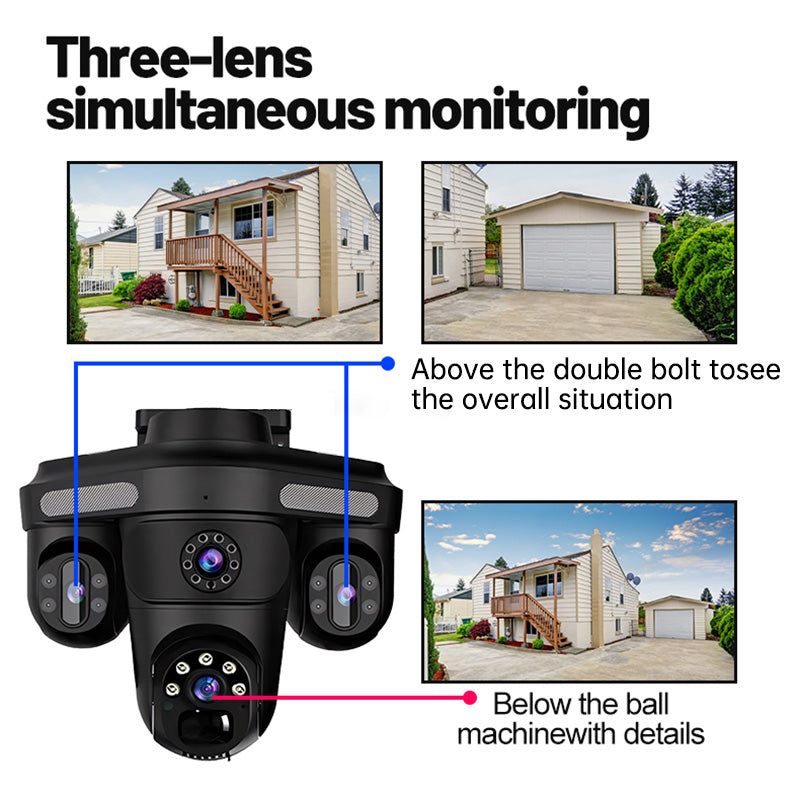 Triple Lens 4G 5K Ultra HD Solar CCTV Camera – 360° Rotation, Dual 14W Panels, 13000mAh Battery