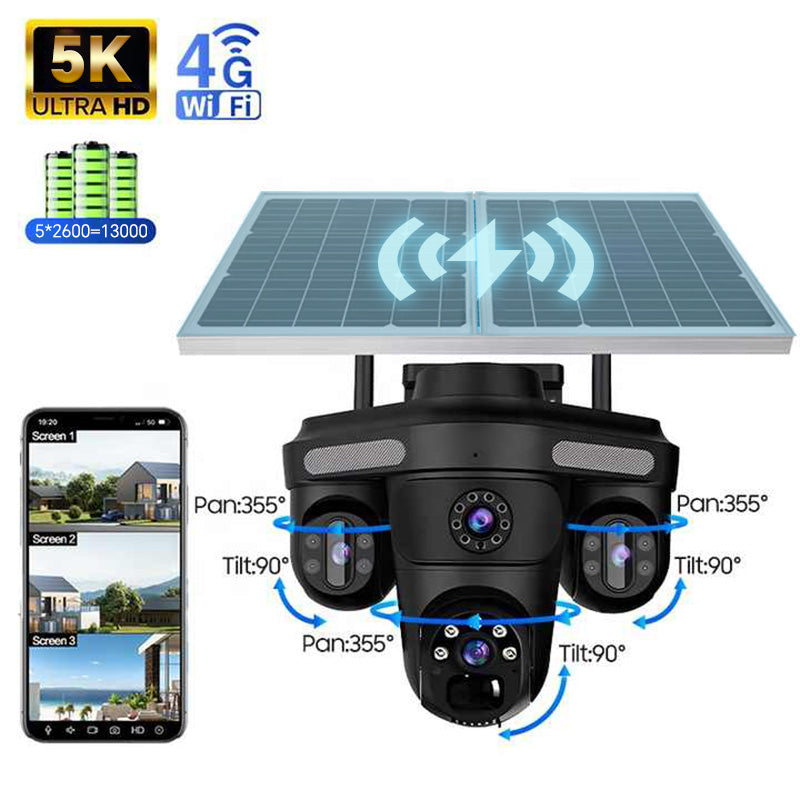 Triple Lens 4G 5K Ultra HD Solar CCTV Camera – 360° Rotation, Dual 14W Panels, 13000mAh Battery