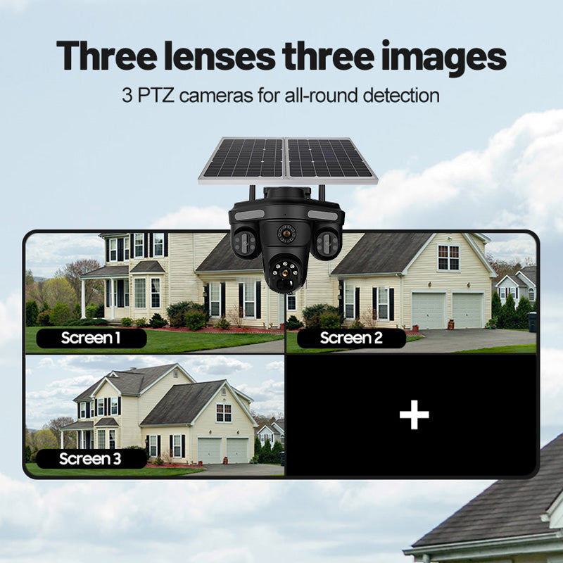 Triple Lens 4G 5K Ultra HD Solar CCTV Camera – 360° Rotation, Dual 14W Panels, 13000mAh Battery